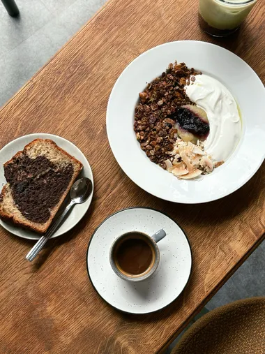 Toast, granola and coffee from above