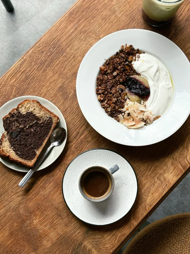 Toast, granola and coffee from above